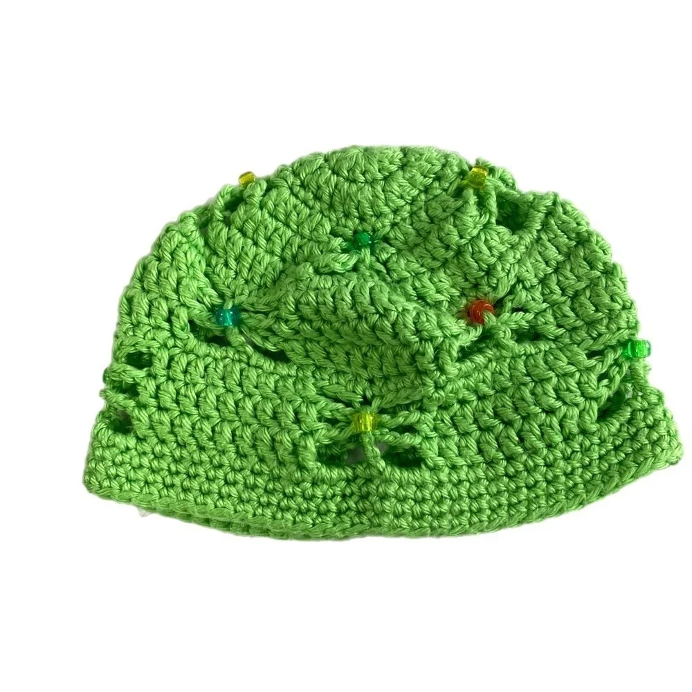 Handmade Kid’s Lime Green Crocheted Beaded Butterfly Eyelet Stitch Beanie
